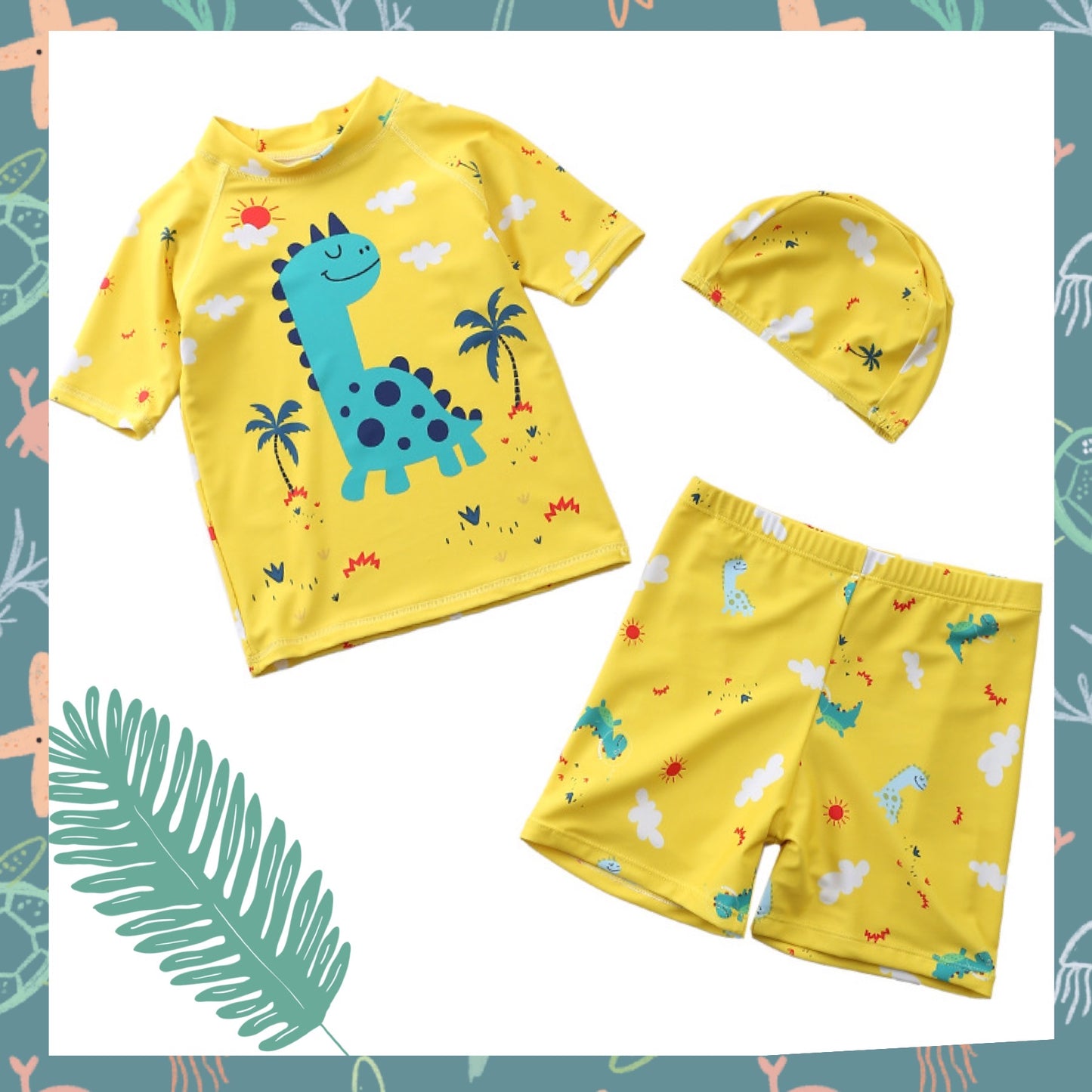 Dinosaur Two-Piece Toddler Boys Swimsuits & Swimming Cap