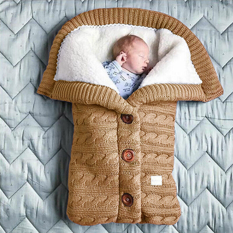 Newborn Baby Warm Pram Sleeping Bag Hooded Swaddle Knit Wrap